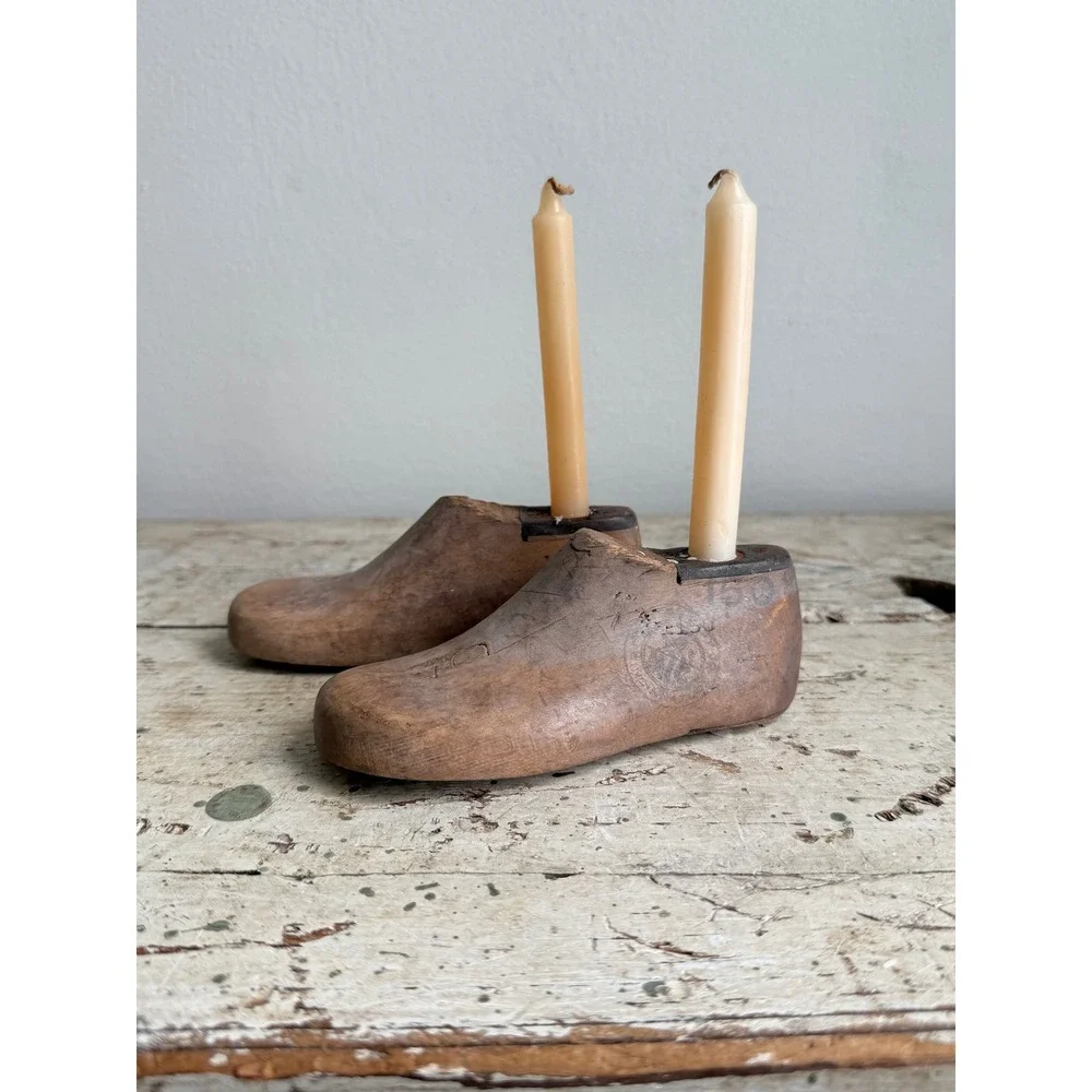 Vintage Wooden Child Shoe Last Candle Holders Cobbler Form Set Morton 150 4.5D